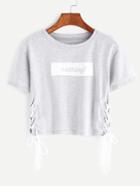 Shein Heather Grey Letter Print Lace Up Side Crop T-shirt