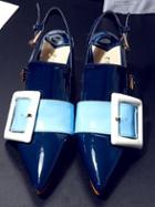 Shein Blue Faux Patent Leather Rentangle Buckle Sandals
