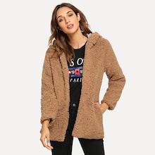 Shein Open Front Hoodie Solid Teddy Outerwear