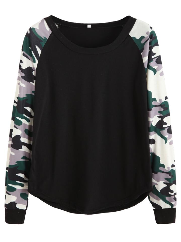 Shein Contrast Raglan Sleeve Curved Hem Sweatshirt