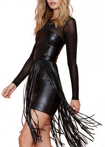 Rosewe Fringe Embellished Mesh Splicing Pu Black Sheath Dress