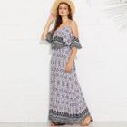 Shein Tribal Print Ruffle Cold Shoulder Dress