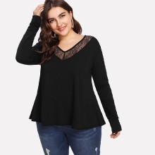 Shein Plus Contrast Lace Trim Keyhole Back Tee