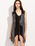 Shein Vertical Striped Draped Collar Vest With Belt