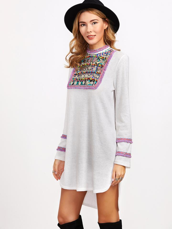 Shein White Coin Fringe Trim Jacquard Yoke High Low Dress