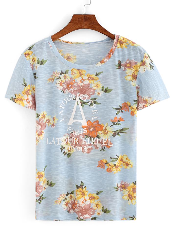 Shein Blue Round Neck Florals T-shirt
