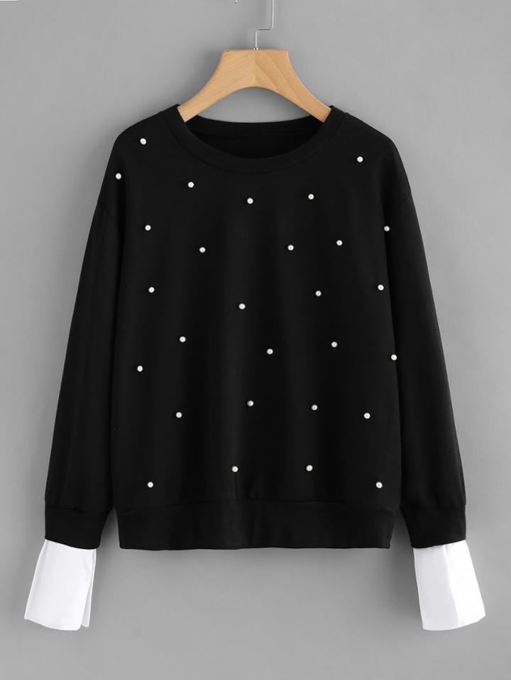 Shein Pearl Beading Contrast Cuff Sweatshirt