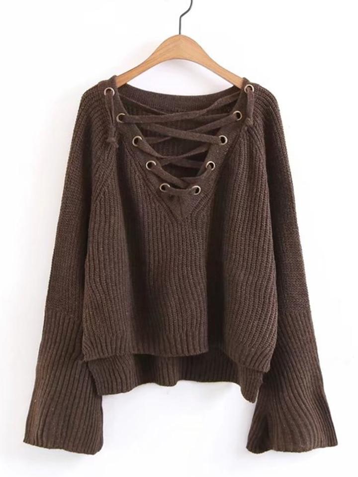 Shein Lace Up Plunge Neckline Dip Hem Sweater