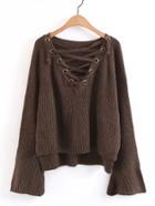 Shein Lace Up Plunge Neckline Dip Hem Sweater