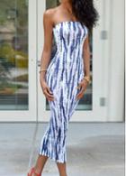 Rosewe Printed Strapless White High Waist Bodycon Dress