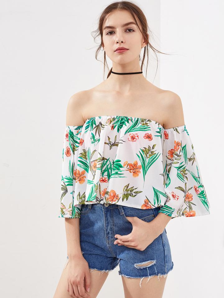 Shein Bardot Tropical Print Top