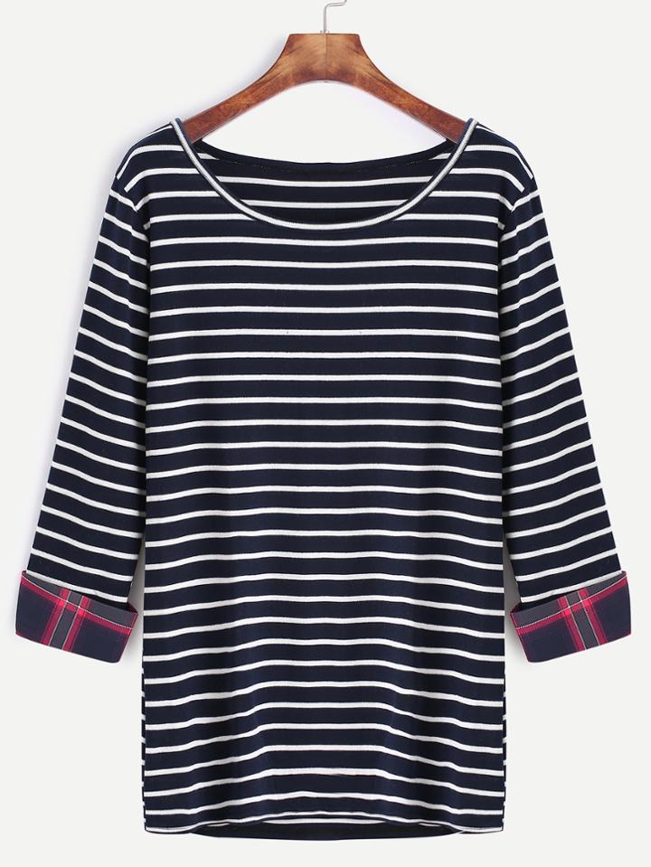 Shein Navy Striped Contrast Plaid Cuff T-shirt