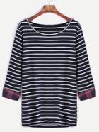 Shein Navy Striped Contrast Plaid Cuff T-shirt