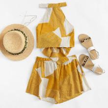 Shein Knot Back Geo Print Halter Top With Shorts