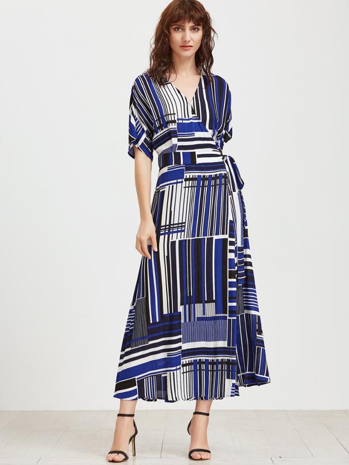 Shein Mixed Striped Belted Wrap Dress