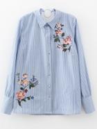 Shein Blue Striped O Ring Back Embroidered Blouse