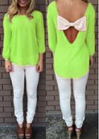 Rosewe Bowknot Embellished Green Cutout Back Blouse