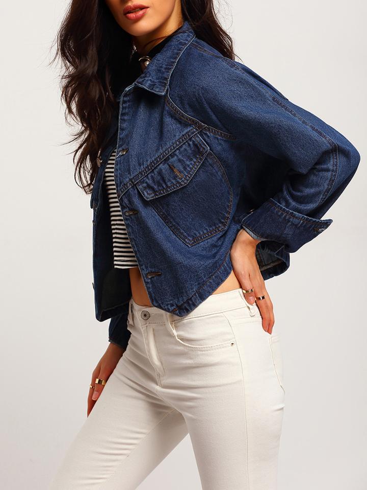 Shein Navy Lapel Single Breasted Crop Denim Jacket