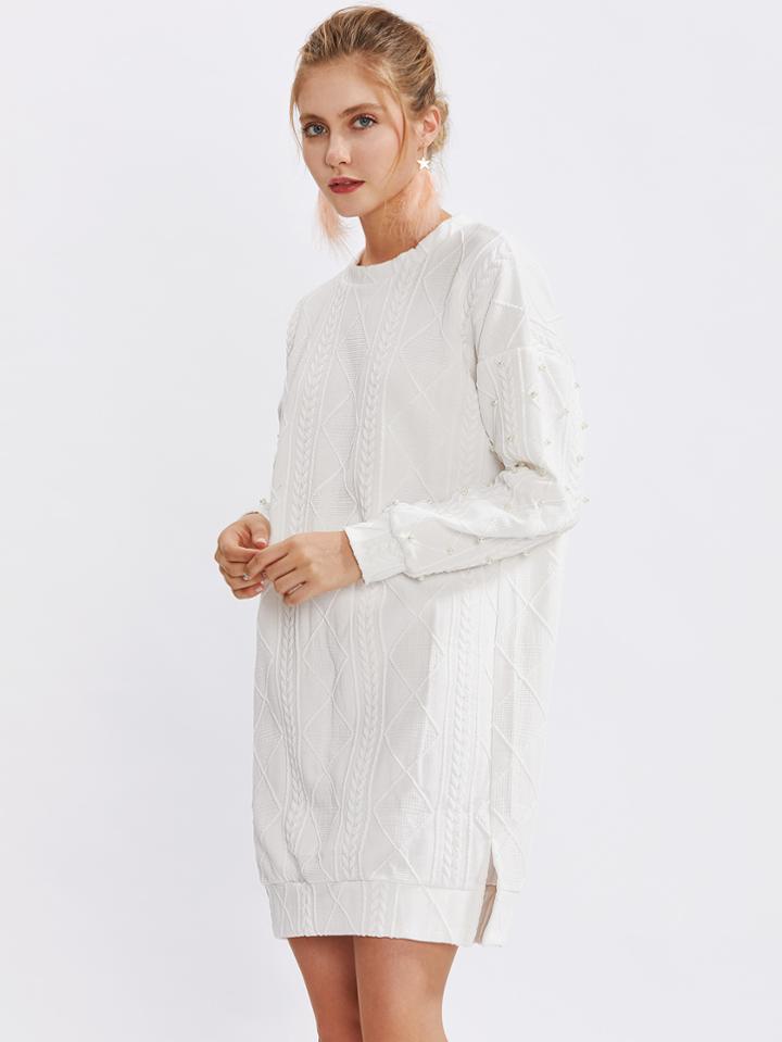 Shein Pearl Detail Side Split Cable-knit Dress