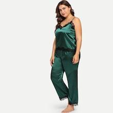 Shein Plus Eyelash Lace Satin Cami Pajama Set