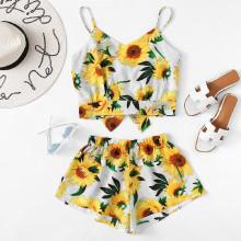 Shein Sunflower Print Cami Top With Wide Leg Shorts