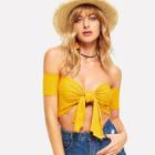 Shein Knot Front Off Shoulder Rib Knit Crop Top
