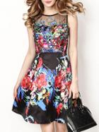 Shein Black Gauze Embroidered Print A-line Dress