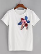 Shein White Stereo Flower Trim T-shirt