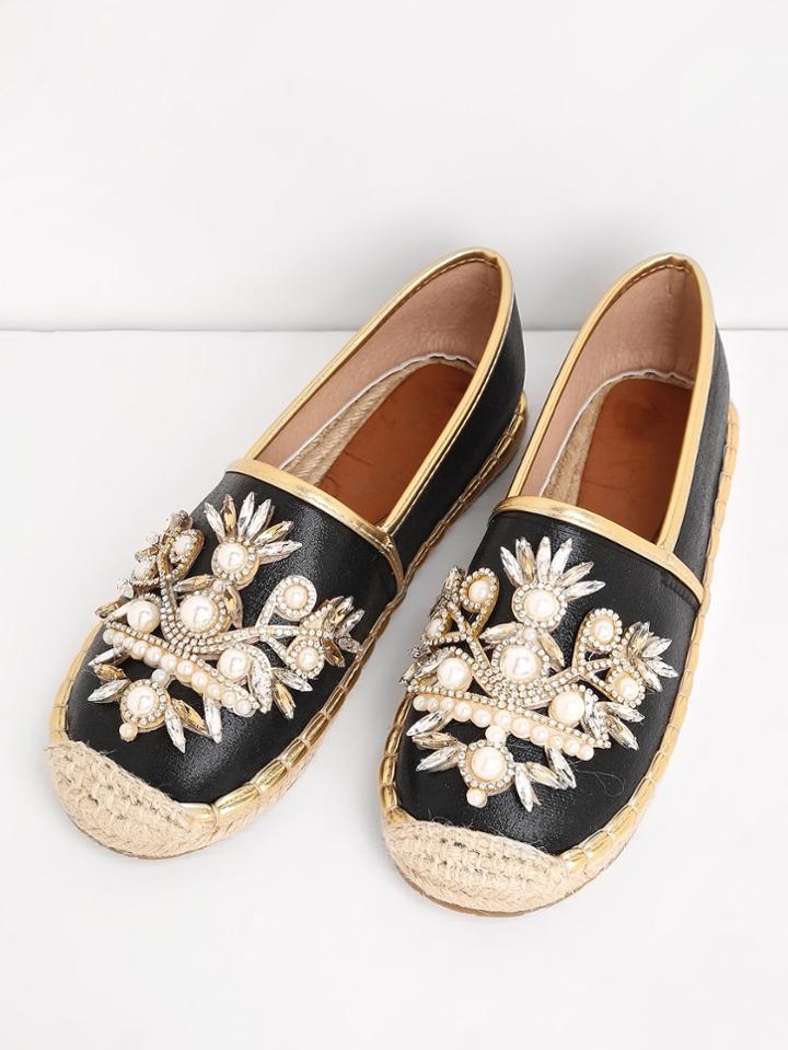 Shein Faux Pearl & Rhinestone Cap Toe Flats