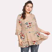 Shein Plus Fluted Sleeve Floral Print Tiered Hem Tee