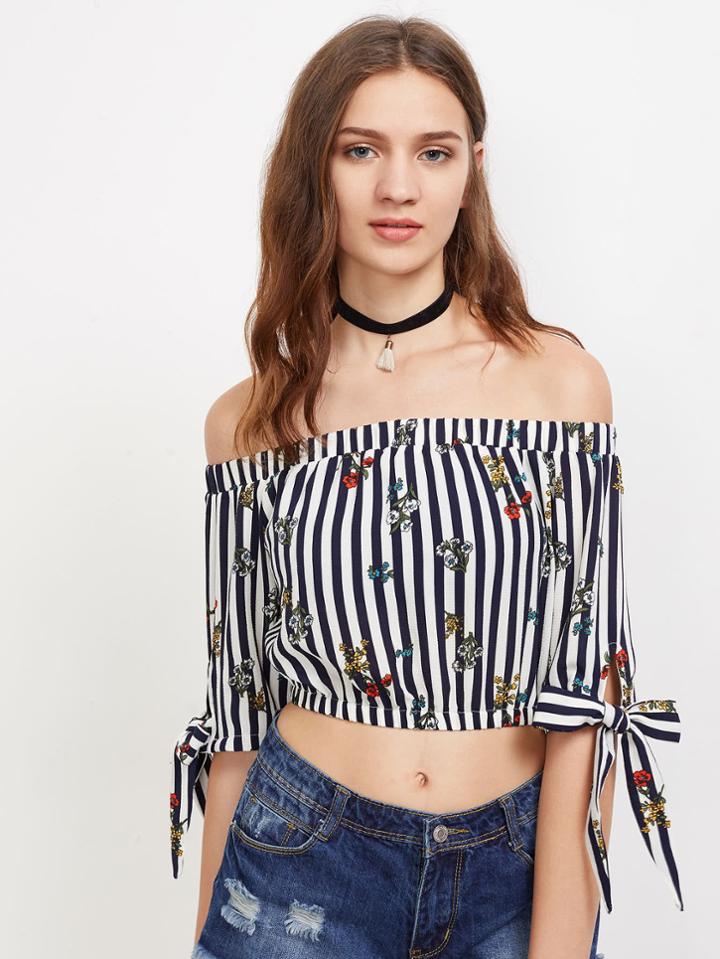 Shein Vertical Striped Bow Tie Cuff Top