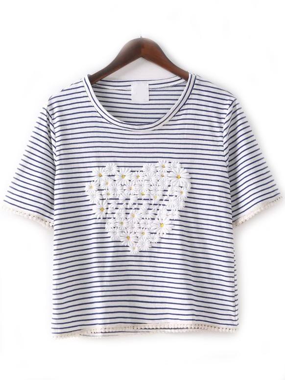 Shein Blue White Crew Neck Striped Heart T-shirt