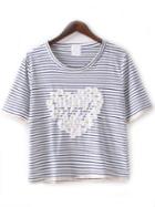Shein Blue White Crew Neck Striped Heart T-shirt
