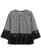 Shein Striped Contrast Lace Insert Ruffle T-shirt