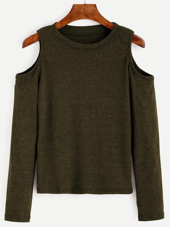 Shein Army Green Open Shoulder Knit T-shirt