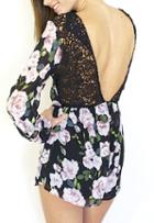 Shein Black Long Sleeve Floral Backless Jumpsuit