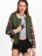 Shein Army Green Contrast Plaid Sleeve Zip Up Bomber Jacket