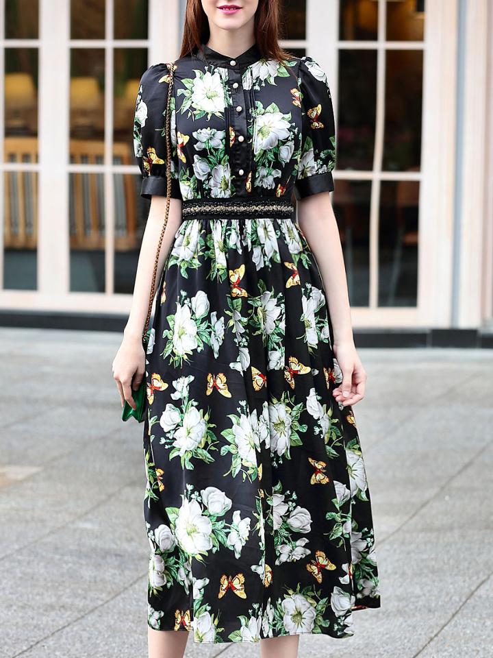 Shein Black Crew Neck Beading Print Dress