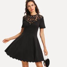 Shein Guipure Lace Yoke Scalloped Hem Dress