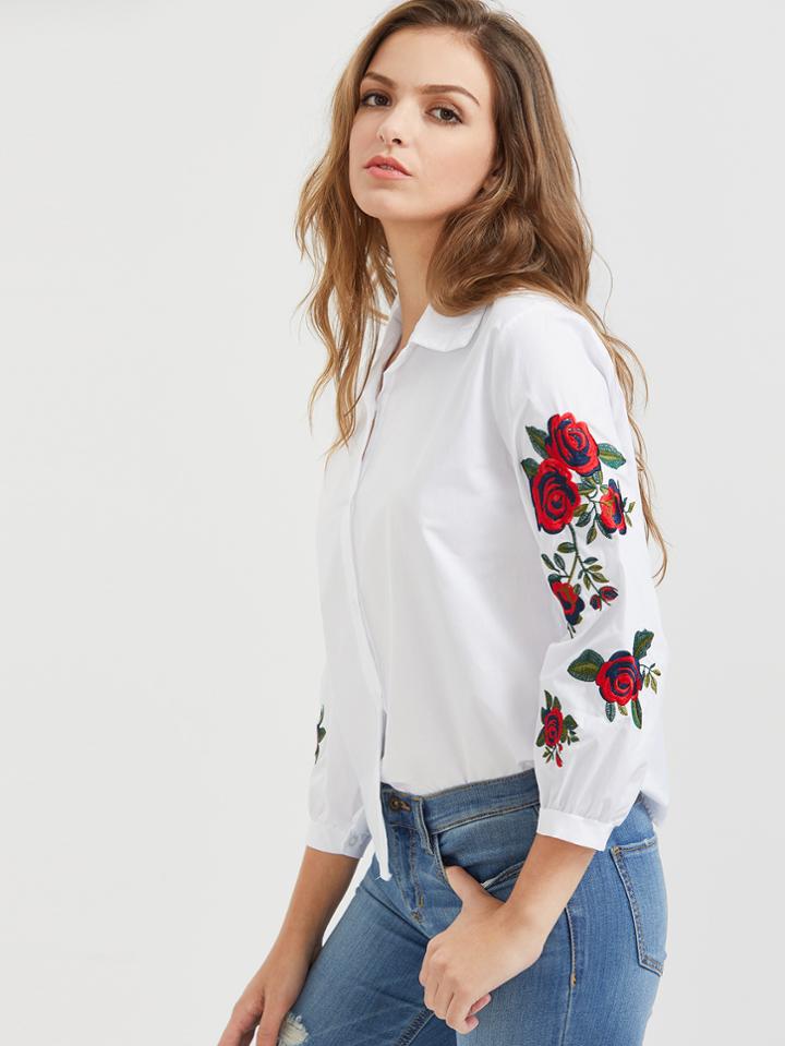 Shein Flower Embroidered Curved Hem Shirt