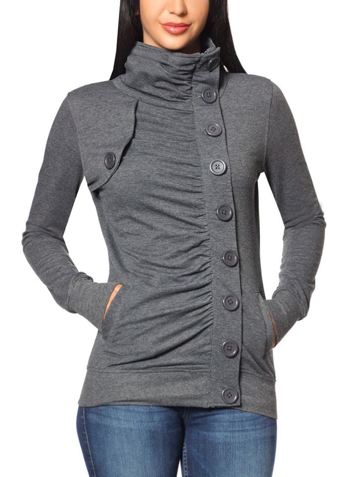 Shein Grey Turtle Neck Single Breasted Sweatshirt