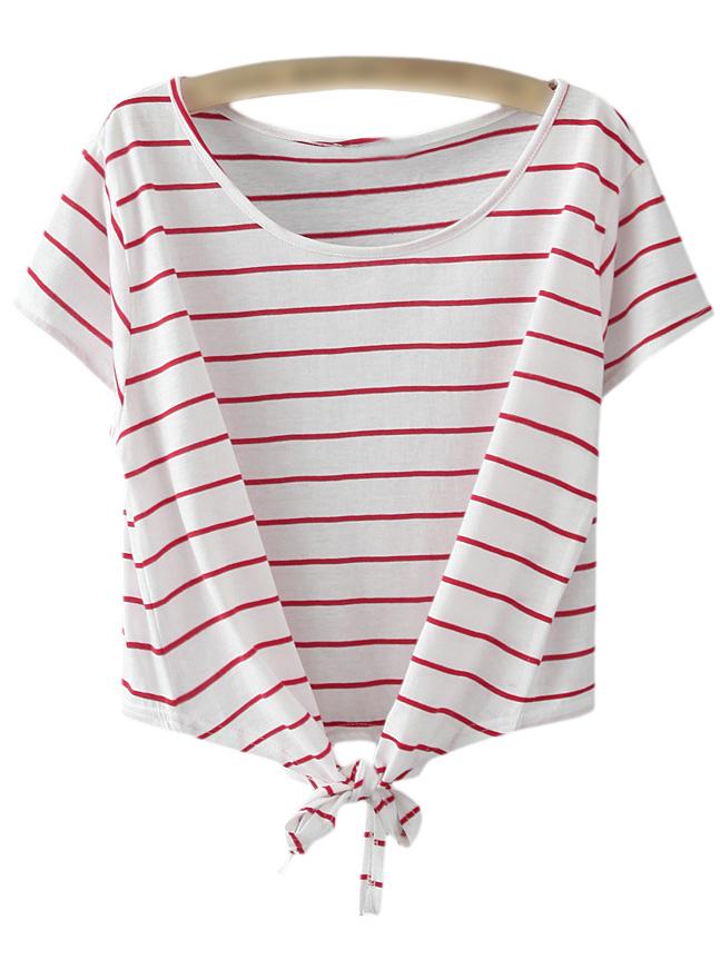 Shein Red Stripe Short Sleeve Self-tie Bow T-shirt