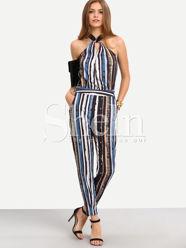 Shein Multicolor Vertical Striped Sleeveless Pockets Jumpsuit