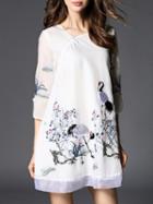 Shein White Crane Embroidered Shift Dress