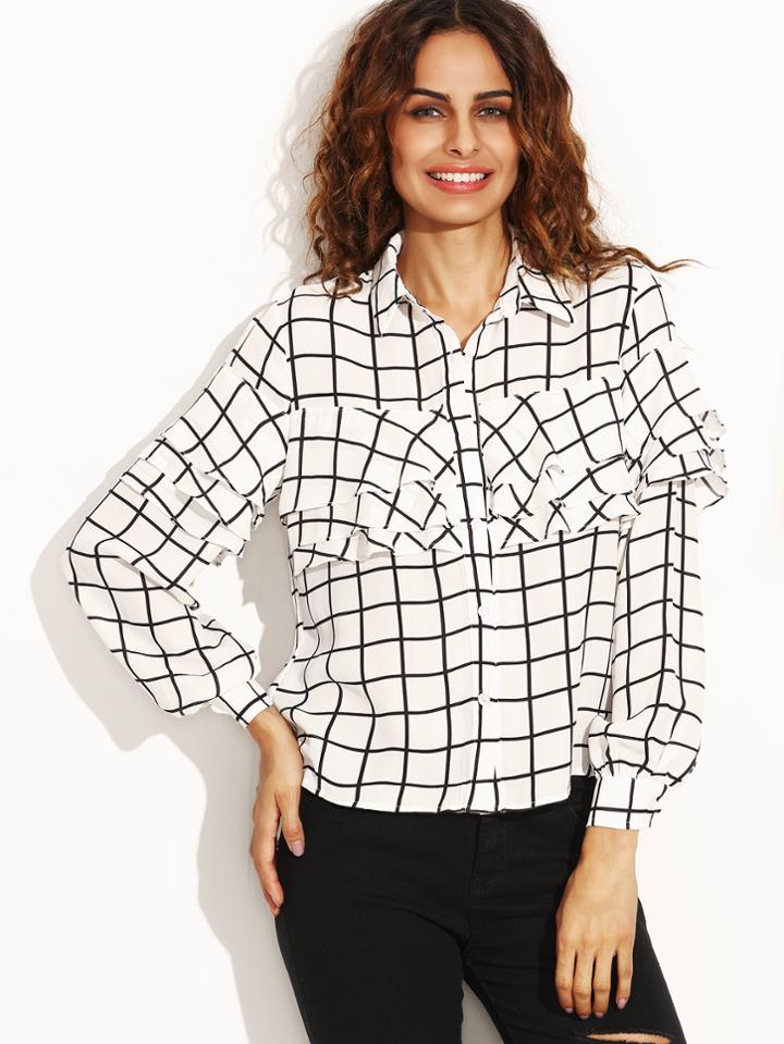 Shein Black White Grid Print Lantern Sleeve Blouse