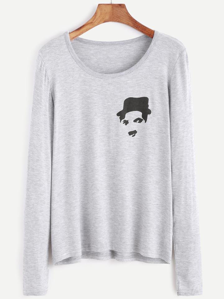Shein Light Grey Portrait Print T-shirt