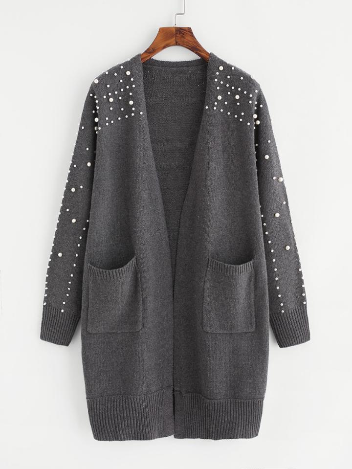 Shein Pearl Beaded Pocket Patched Longline Cardigan