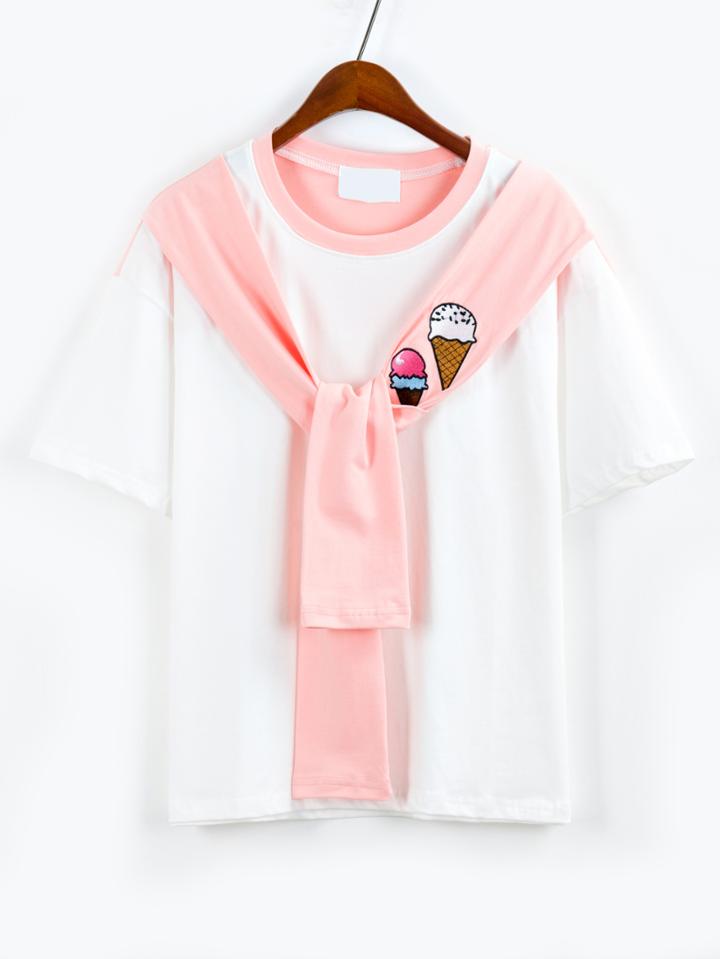 Shein Contrast Embroidered Faux Sleeve-tie White T-shirt