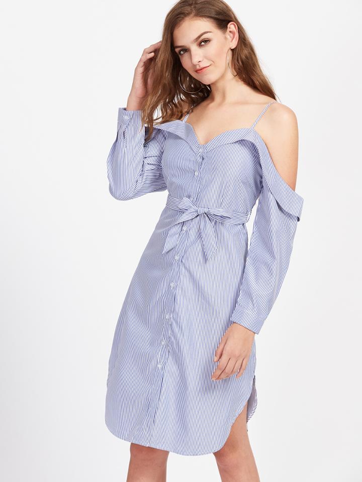 Shein Cold Shoulder Pinstripe Self Tie Split Side Dress