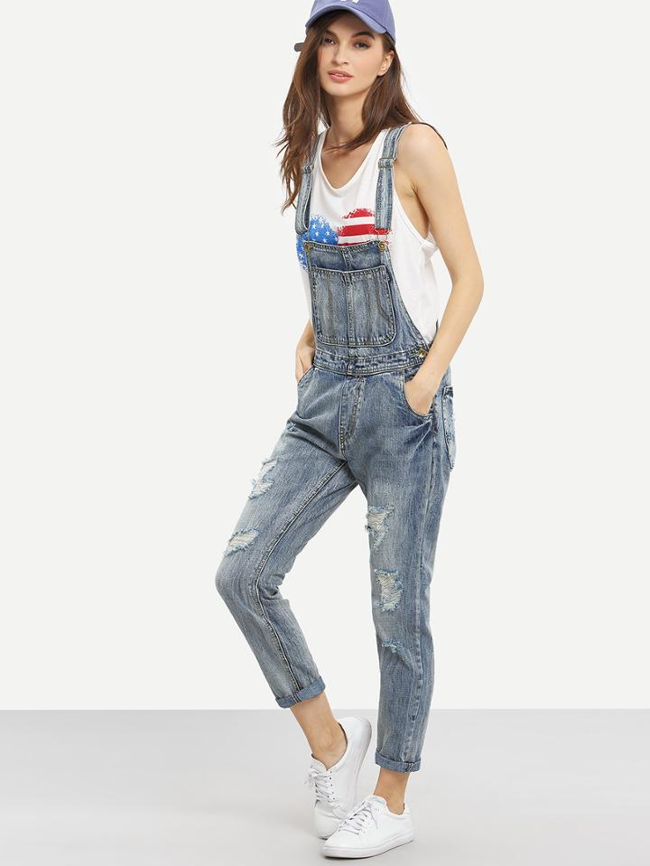 Shein Frayed Overall Light Blue Denim Jeans